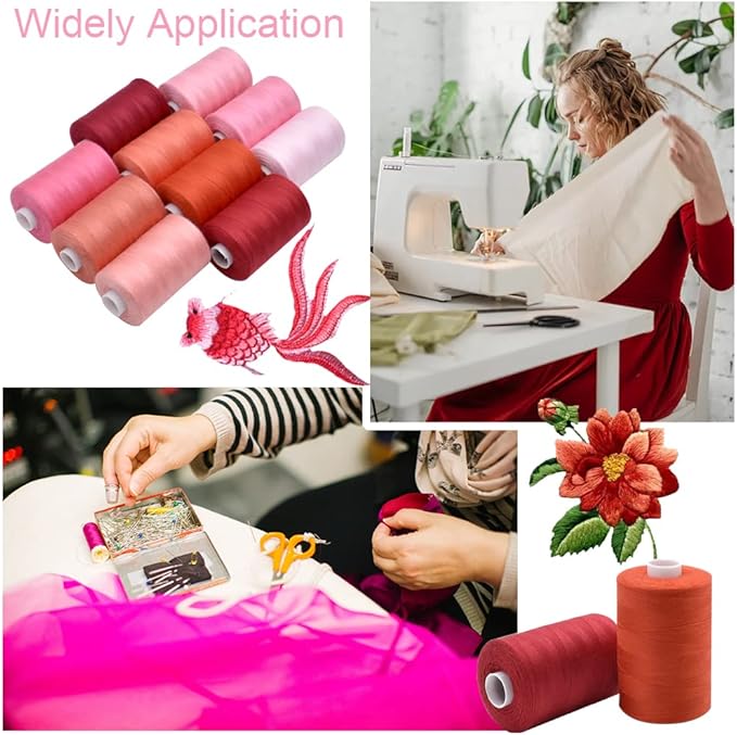 Sewing Thread 10 Color Sewing Industrial Purpose 1000 Yards Per Spool 40S/2 Polyester for DIY Sewing Machine,Embroidery Machine,Hand Sewing (Red)