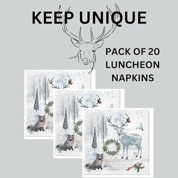 20-ct 13x13 Christmas Paper Decoupage Napkins, 3-Ply Servilletas Tissue Napkin for Dinner and Parties, Disposable Napkins (Animal Winter)