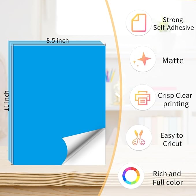 Printable Sticker Paper, 20 Sheets Blue Printable Sticker Paper, Laser/Inkjet Printing- Matte Blue, Letter Size (8.5" x 11")