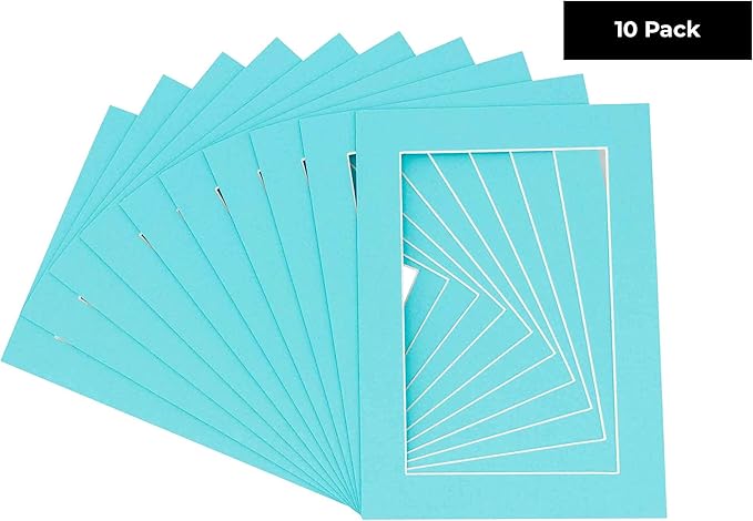 Pack of Ten Acid Free 8.5x11 Mats Bevel Cut for 7x9 Photos - Aquamarine Blue Precut Matboards with Backing Boards and Self Seal Photo Mat Bags for Pictures, Photos, Framing - 4-ply Thickness