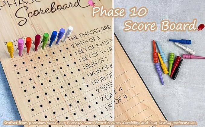 Phase 10 Score Board, 2025 New Wooden Phase 10 Scoreboard and Round Tracker with 8 Colored Pegs, Phase 10 Score Sheets, Board Card Games for Party Family Adults