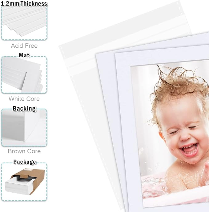 Egofine Pack of 25 White Pre-Cut Mat Board 11x14 Picture Mat for 8x10 Photo with White Core Bevel Cut Mattes Sets. Includes 25 High Premier Acid Free Mats & 25 Backing Board & 25 Clear Bags