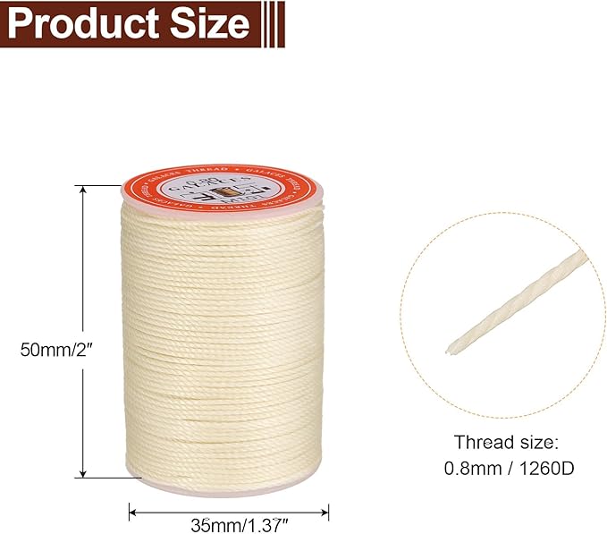 uxcell Round Leather Sewing Waxed Thread, 55m / 60 Yards Polyester Wax String, 0.80mm Wax Stitching Cord for Leather Crafts, Bookbinding, Bracelets Braided, Light Beige, 2pcs
