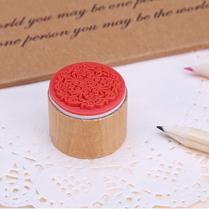 DECORA 6 Pieces Floral Pattern Round Wooden Rubber Stamp for Scrapbooking