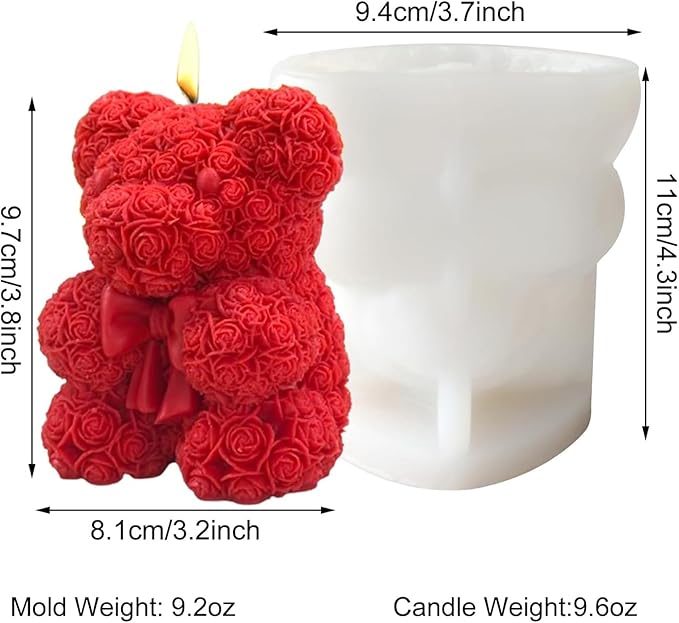 Bowtie Rose Bear Candle Mold 3D Teddy Bear Silicone Mold for DIY Handmade Soaps, Epoxy Resin Crafts, Father's Day Gifts, Birthday Gifts, Valentine's Day Gifts & Home Decorations Reusable Molds