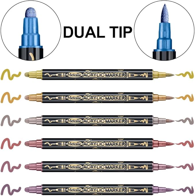 TRANSON 12Colors Metallic Paint Markers Bold and Brush Dual-tip for Rock Wood Ceramic Canvas DIY Painting Drawing