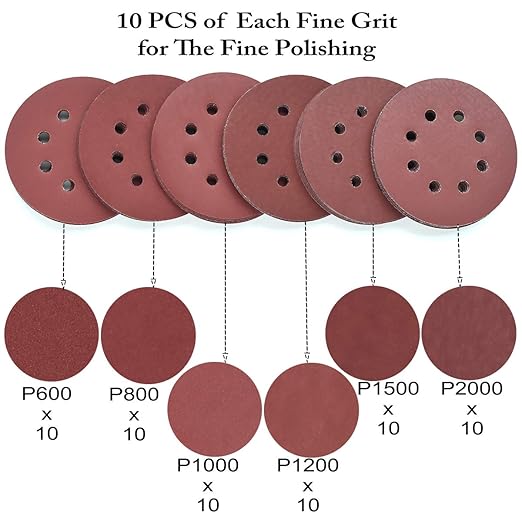 5-Inch 8-Hole Hook and Loop Sanding Discs, 600/800/1000/1200/1500/2000 Fine Grits Sandpaper for Random Orbit Sander, 60-Pack