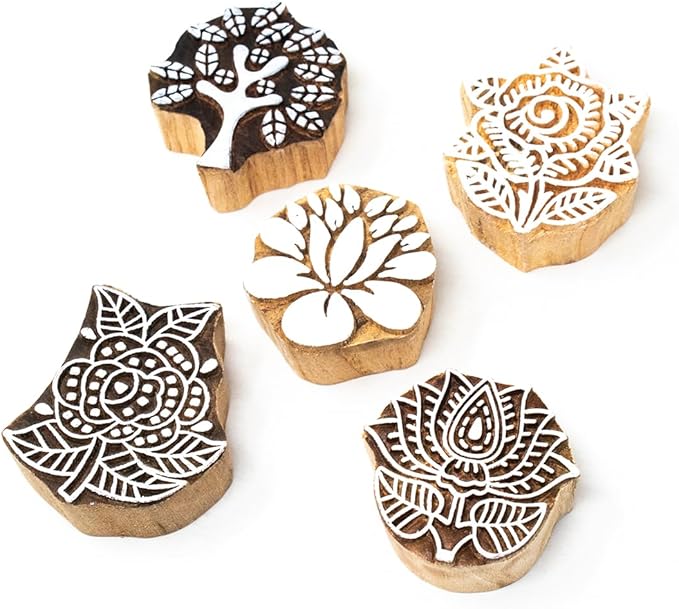 Floral Wood Printing Stamp Block for Printing Saree Border Dresses Craft Card Making Scrapbook Clay Pottery (Set of 5) Hashcart®