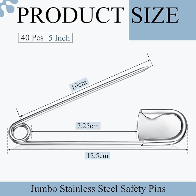 Juexica 40 Pcs 5 Inch Jumbo Stainless Steel Safety Pins Large Heavy Duty Huge Strong Laundry Pins for Upholstery Sewing Quilting Key Rings Craft Outdoor (Silver)