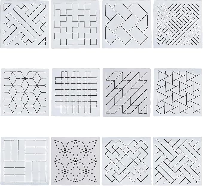 FREEBLOSS Sashiko Embroidery Stencils Sashiko Stencil Geometric Embroidery Patterns Stencils for Drawing Sashiko Template for Hand Quilting and Embroidery14x14cm