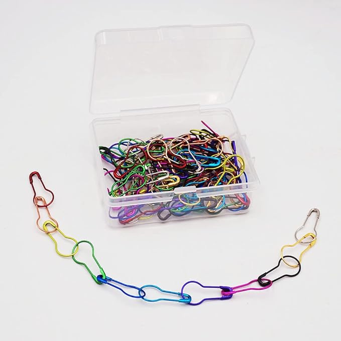 100 Pieces Safety Pins, Bulb Stitch Markers 10 Metalic Colors Assorted Metal Calabash Pins Pear Shape Knitting Pins for Crocheting Clothing Tag DIY Craft Project with Storage Box