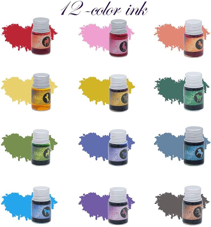 mancola Glass Dipped Pen Ink Set Handmade Crystal Calligraphy Pen with 12 Colorful india ink for Art, Signatures, Drawing, Decoration, Calligraphy Kits for Beginners Ma-13
