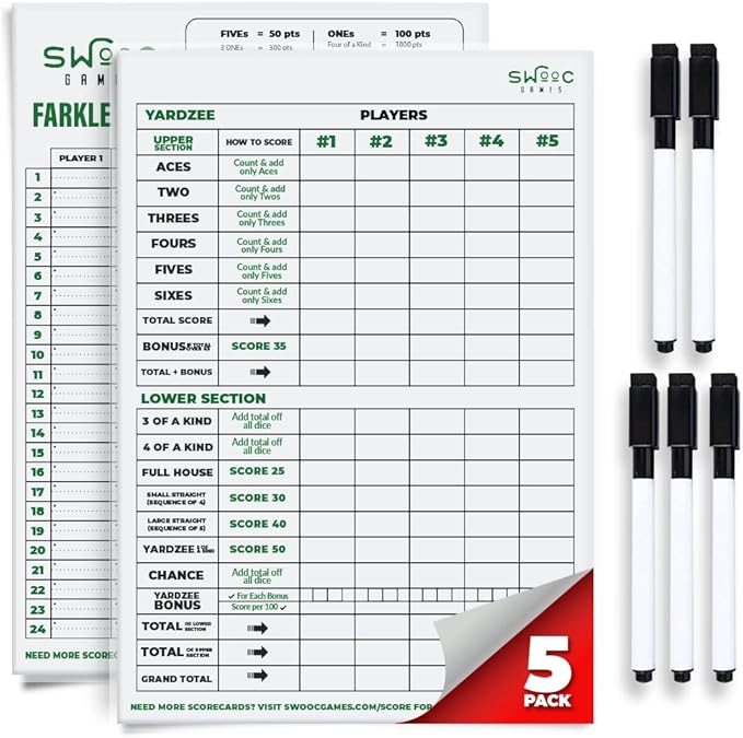 SWOOC Games® - 5 Big Premium Laminated Yardzee & Farkle Score Cards (11.5in x 8in) with Rules - Large Reusable Dry Erase Pads for Giant Outdoor Dice