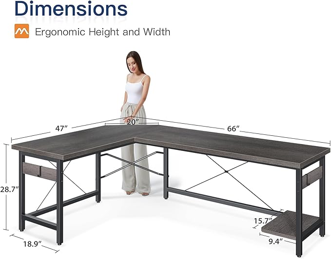 Coleshome 66" L Shaped Gaming Desk, Corner Computer Desk, Sturdy Home Office Computer Table, Writing Desk, Larger Gaming Desk Workstation, Grey Oak