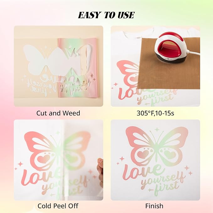 HTVRONT Gradient Heat Transfer Vinyl - 11 Sheets 12'' x 10'' Iron On Vinyl for T-Shirts, Crafts - Multi-Color Ombre HTV Vinyl Easy Cut & Weed