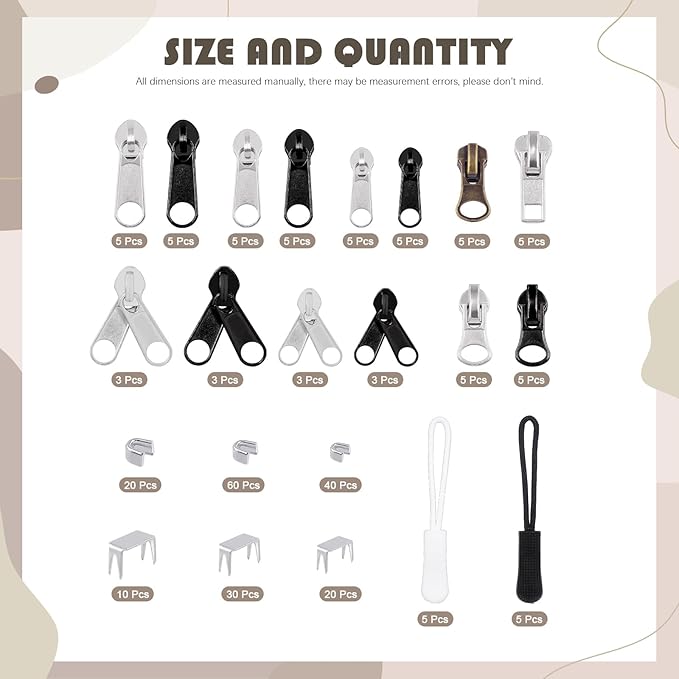 250Pcs Zipper Replacement Zipper Repair Fix Kit Zipper Slider Set for Fixing Luggage Bags, Coats, Jean, Jackets, Tents