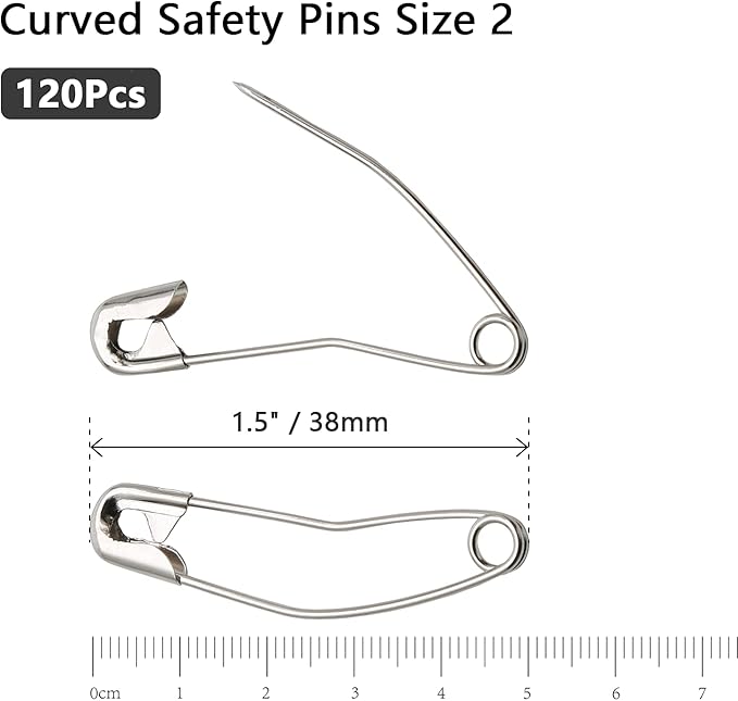 120Pcs Curved Safety Pins Size 2, 1.5" / 38mm Quilting Basting Pins, Bent Safety Pins for Quilting and Knitting (Sliver)