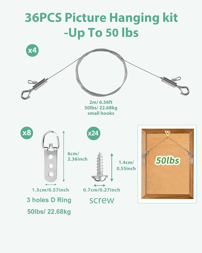 Picture Hanging Wire Kit, 4Pcs Adjustable Frame Wire 2m x 1mm Small Hooks Heavy Duty 50lbs, 8pcs 3-Hole D Rings Picture Hangers with Screws, for Canvas Paintings/ Mirrors/ Frames