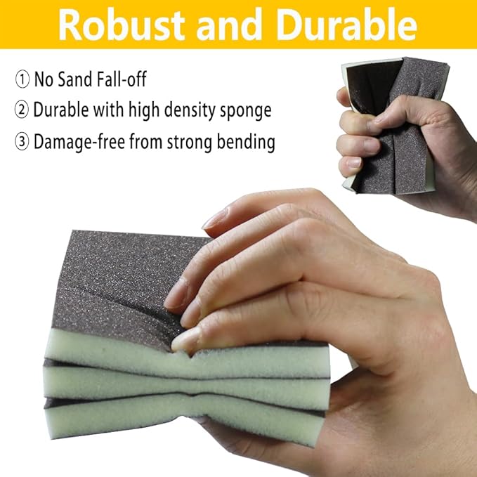 16PCS 100 Grits Sanding Sponge Medium Sanding Block, Washable and Reusable Wet Dry Sandpaper Sponge， Sander Sponges for Wood Drywall Metal Wood