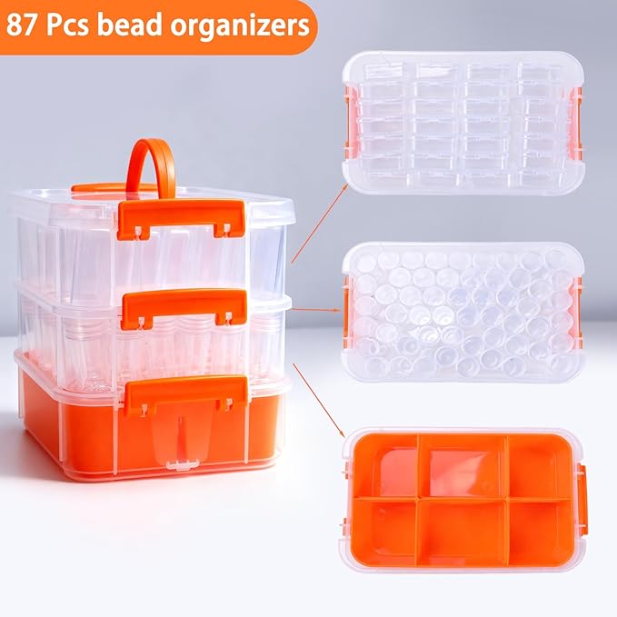 Bead Organizers 3-Tier Stackable Storage Container Box 87 Pcs Diamond Art Storage Plastic Storage Cases Mini Clear Bead Storage Containers for Bracelet Making DIY Jewelry Craft Nail Transparent Boxes