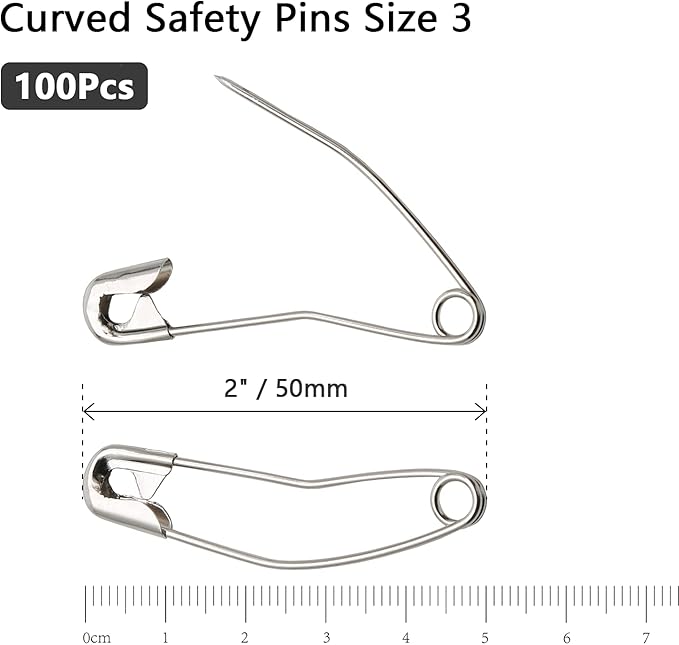 100Pcs Curved Safety Pins Size 3, 2" / 50mm Quilting Basting Pins, Bent Safety Pins for Quilting and Knitting (Sliver)