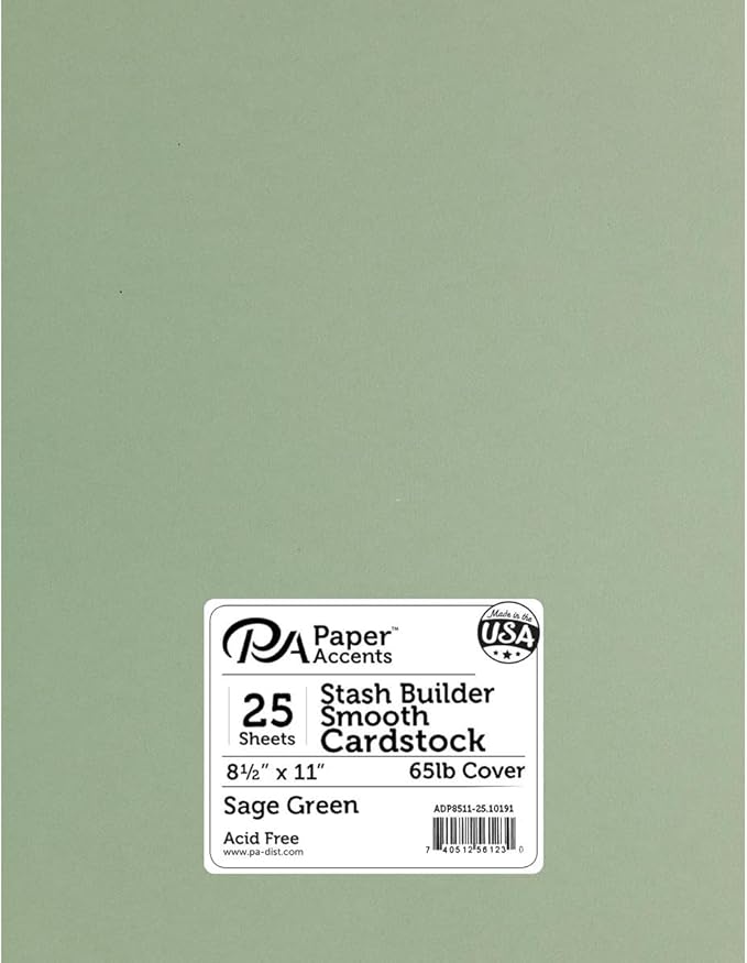 PA Paper Accents Stash Builder Cardstock Pack 8.5" x 11" Sage Green, 65lb colored cardstock paper for card making, scrapbooking, printing, quilling and crafts, 25 pieces