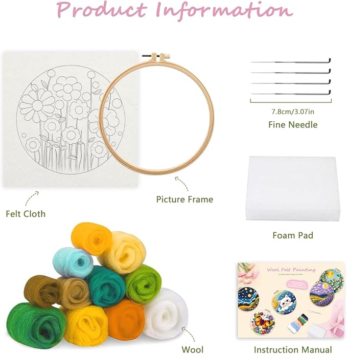 yesJRL Needle Felting Kits Beginners, Natural Landscape DIY Wool Needle Felting Starter Kit, Floral Needle Felt Set with Foam Pad, Felt Cloth and Instructions, Used for Home Decoration (Multicolor)
