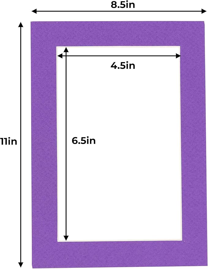 5x7 Mat for 8.5x11 Frame - Precut Mat Board Acid-Free Show Kit with Backing Board, and Clear Bags Purple 5x7 Photo Matte Made to Fit a 8.5x11 Picture Frame Matboard for Framing, Pack of 100 Mats