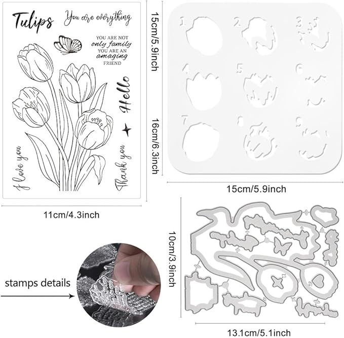 ORIGACH Tulip Layering Stencil Stamp and Die Set for Card Making, Flower Stencil Template Silicone Clear Stamps and Metal Die Sets for DIY Scrapbooking Photo Album Crafting