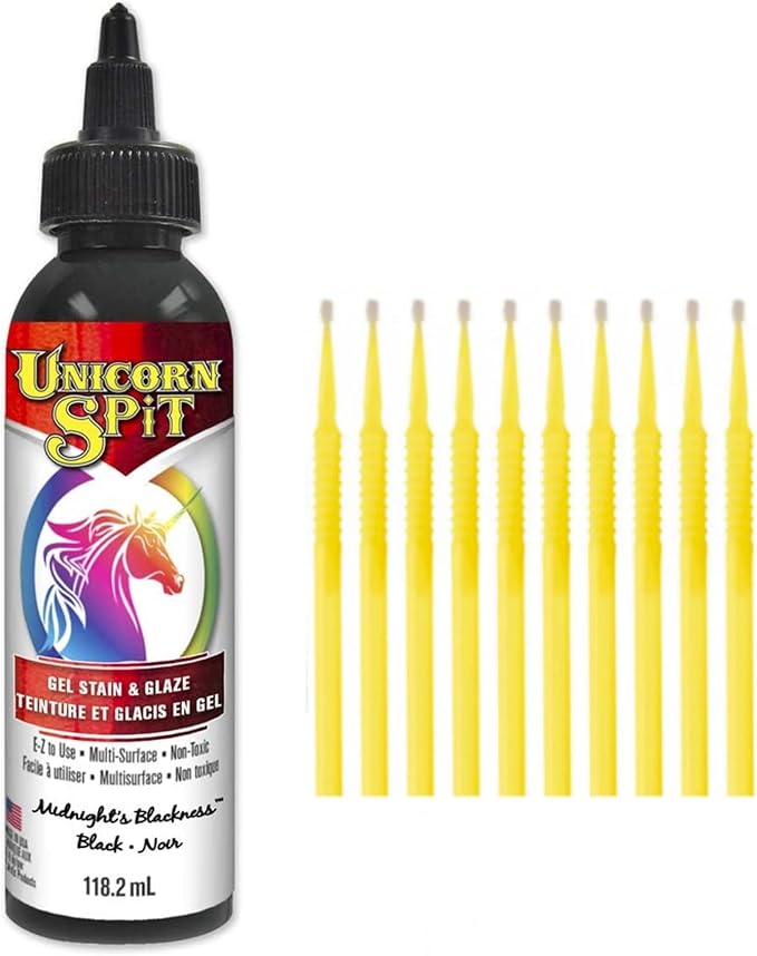 Unicorn SPiT Gel Stain and Glaze in One - Midnight's Blackness 4 oz. Bottle Detail Sticks