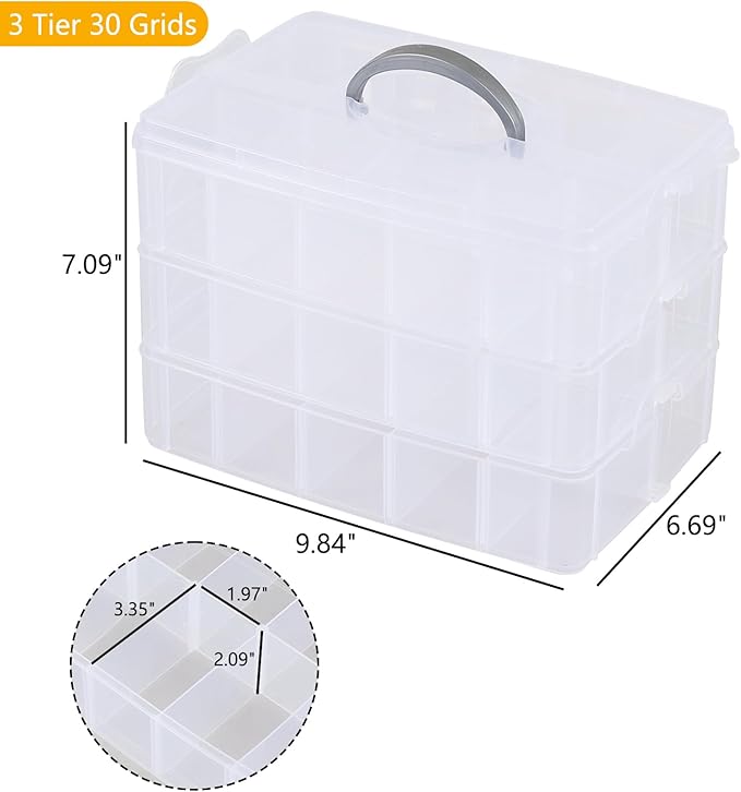 Zopnny 3-Tier Stackable Storage Container with Dividers, Clear Plastic Compartment Organizer Box for Art Crafts, Jewelry, Earrings, Sewing Supplies, Tool, 30 Grids