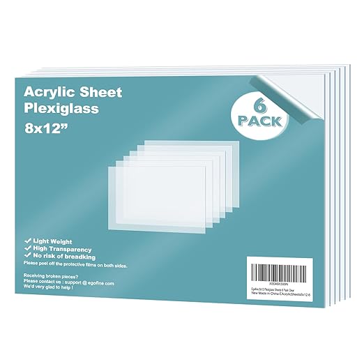 Egofine Plexiglass Sheets Acrylic Sheets 6 Pack of 8x12’’ 0.04 Thick Clear Plastic Cast Transparent Plexi Glass for Crafting Projects, Replacement Picture Frame Glass, DIY Display, Easy to Cut