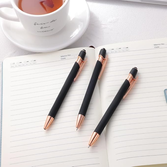 12 PCS 2 in 1 Stylus Ballpoint Pen with Stylus Tip, 1.0 mm Black Ink Metal Pen Stylus Pen for Touch Screens (Rose Gold & Black)
