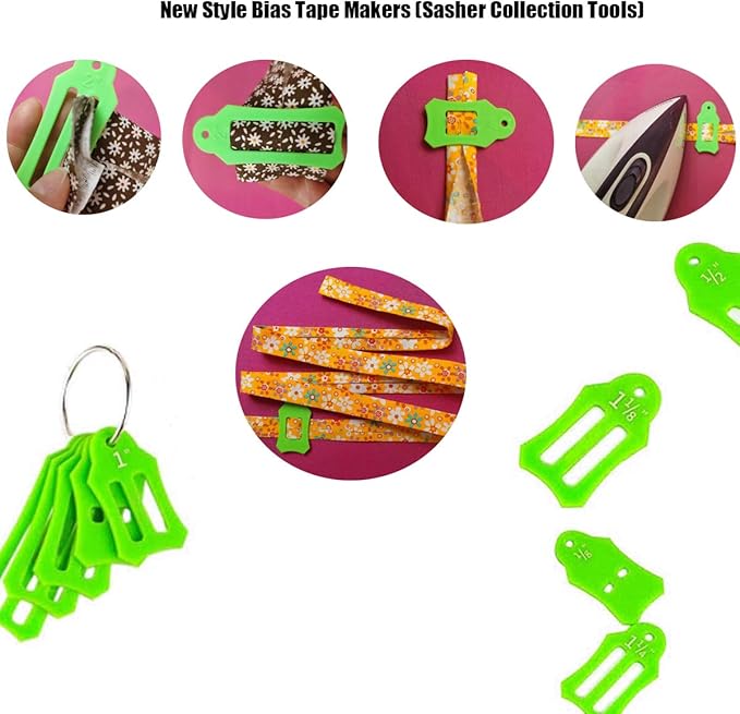 YICBOR Bias Tape Maker Kits All 5 Sizes 6MM 9MM 12MM 18MM 25MM Binding Foot Craft Clips Awl Quilter's Pin Comes with 10pcs Multi-Sizes Folding Fabric and Biasing Strips Roll Tool Set (Green)