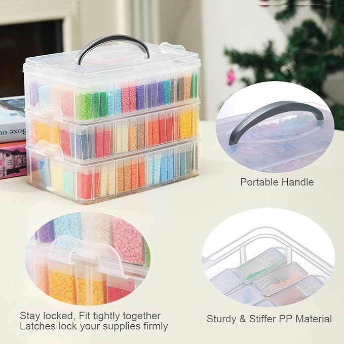 Douorgan 3-Tier Diamond Painting Storage Containers Portable Bead Organizer and Storage Box Stackable Arts & Crafts Organizers for Nail Charms Seed, 240 Rectangular, Funnel, Stickers