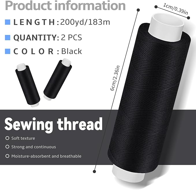 Bupete 2 Rolls Black Thread for Sewing, 200 Yards Each Roll Sewing Thread, Polyester Threads for Sewing Machine Embroidery Hand Stitching