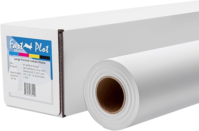 FastPlot Self Adhesive Vinyl - Waterproof 4mil - 24inch x 60ft Roll - 2inch core