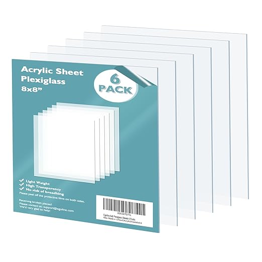 Egofine Plexiglass Sheets Acrylic Sheets 6 Pack of 8x8’’ 0.04 Thick Clear Plastic Cast Transparent Plexi Glass for Crafting Projects, Replacement Picture Frame Glass, DIY Display, Easy to Cut