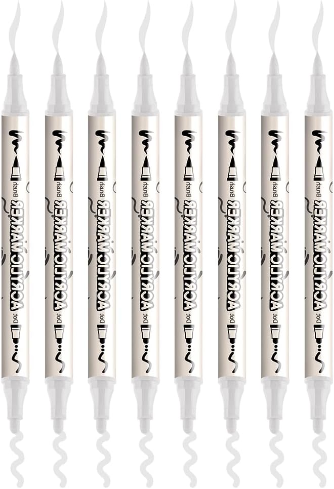 TRANSON 8 Pack White Brush and Bold Dual-tip Acrylic Paint Marker for DIY Glass Canvas Wood Leather Ceramic Rock Painting