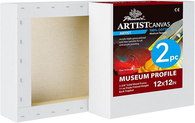 PHOENIX 12x12 Inch 2 Pack Museum Canvas - 2 3/8 Inch Thick Porfile Deep Stretched Canvas for Painting 100% Cotton 11 Oz. Gesso Primed White Blank Professional Canvas Oil & Acrylic Paints