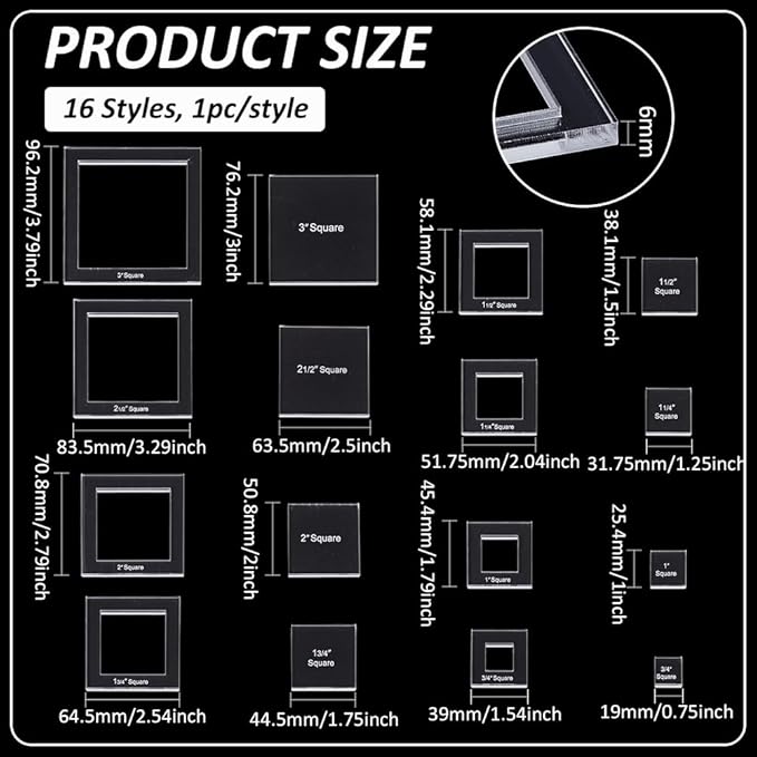 BENECREAT 16 Sizes Square Quilting Template, Acrylic Intricate Sewing Machine Ruler, Transparent Pressure Plate Router Template for DIY Hand Patchwork Cutting Craft, 6mm Thick
