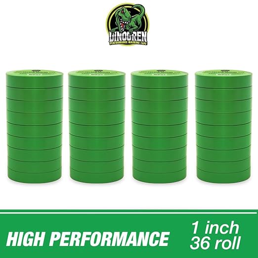 LAUCO DINOGREN High Performance Green Masking Tape for Car Paint, Detailing, & Auto Body - Heat & Water Resistant, Multi-Purpose (1 Inch x 60 Yards, 36 Rolls/Case)
