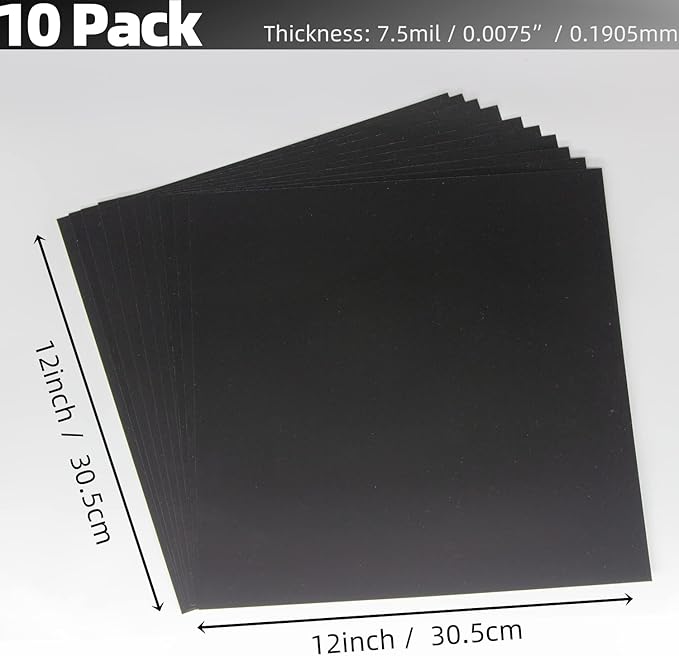 Opaque Black Plastic Sheets, 7.5mil (.0075") 12” X 12” Craft PET Film, PET Stencil Material, Glossy and Flexible Plastic Sheet for Crafts, Cricut, Silhouette Cameo, Sign Makers (10 Pack)