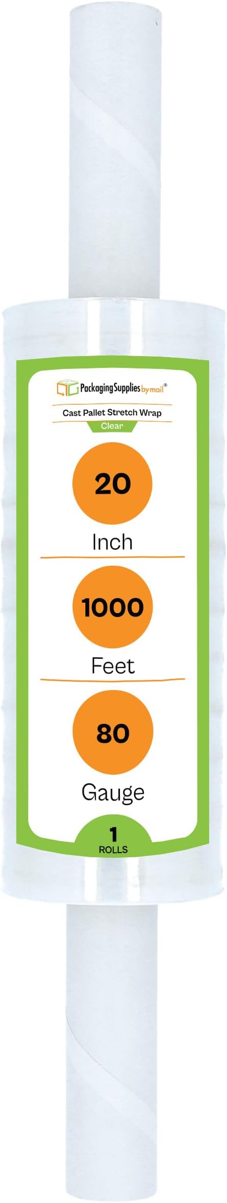 Pallet Wrap Stretch Film, Extended Core Handle, Clear, 20 Inch x 1000 Feet, 80 Gauge, 1 Pack Clear Plastic Cling with Extended Core Handles for Pallets Moving & Storing