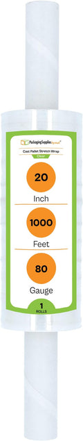 Pallet Wrap Stretch Film, Extended Core Handle, Clear, 20 Inch x 1000 Feet, 80 Gauge, 1 Pack Clear Plastic Cling with Extended Core Handles for Pallets Moving & Storing