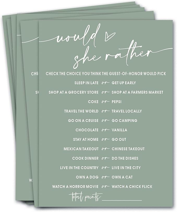 Bridal Shower Games Cards, Would She Rather Bridal Shower Game for 25 Guests, Engagement Party Wedding Games for Guests, Minimalist Green Wedding Party Supplies - C11