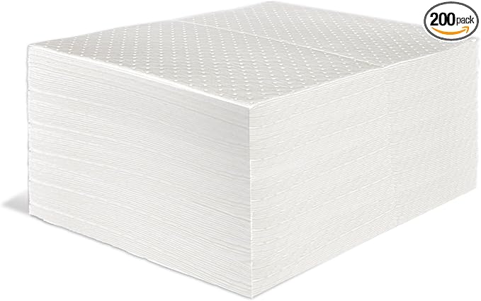 Oil Absorbent Pads, Heavyweight Dimpled Oil Spill Mat for Garage Accessories, Water and Oil Absorbing Pads for Home, Garage, Basement Protection (200 Pcs, White, 15" x 20")