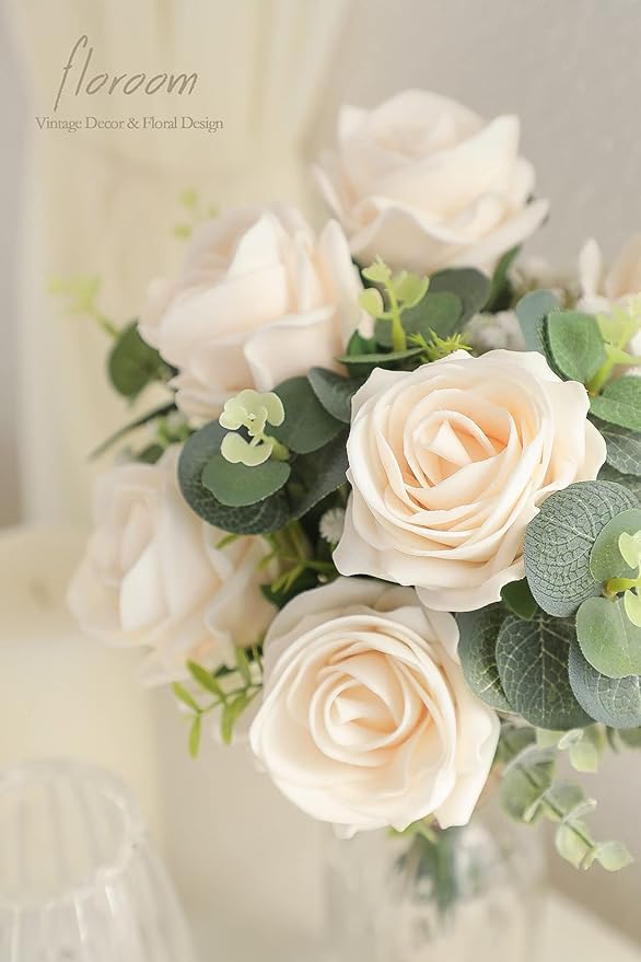 Floroom Artificial Flowers 20pcs Real Looking Cream High-Centered Foam Fake Roses with Stem for DIY Wedding Bouquets Bridal Shower Centerpieces Floral Arrangements Party Tables Home Decorations