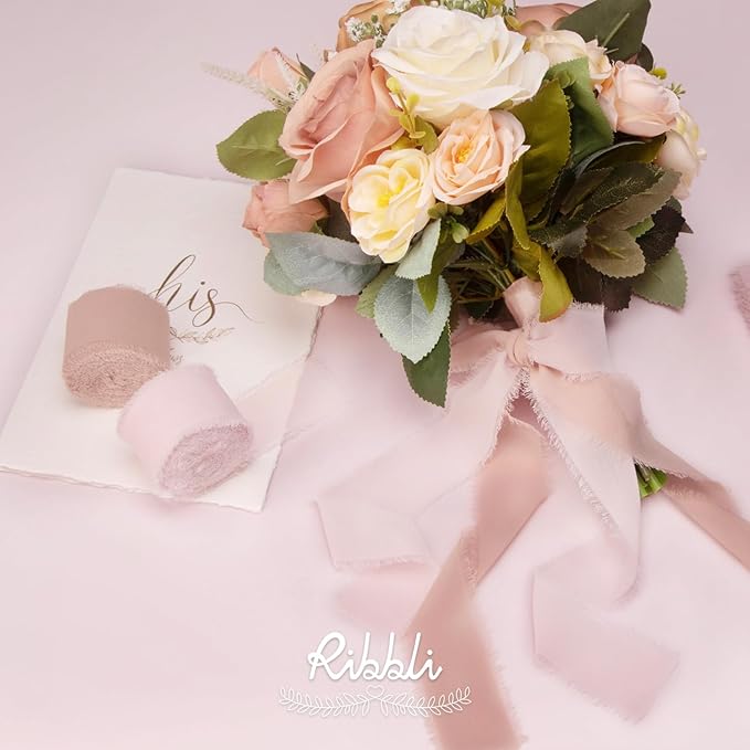 Ribbli Pale Blush Pink Chiffon Ribbon 1-1/2 inch x 20 Yard Handmade Fringe Chiffon Silk Ribbon, Pale Blush Ribbon for Wrapping, Wedding Invitations, Bridal Bouquets, Home Decor