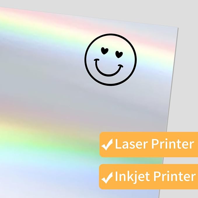 Printable Sticker Paper, 20 Sheets Printable Holographic Sticker Paper, Laser/Inkjet Printing- Holographic, Letter Size (8.5" x 11")